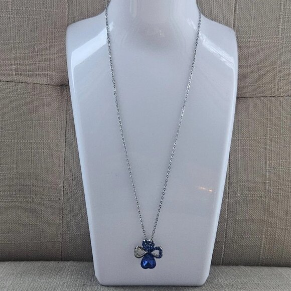 4 Hearts Pendant Necklace Blue Crystals Accent Silver Tone Chain Fashion Jewelry - Picture 6 of 11